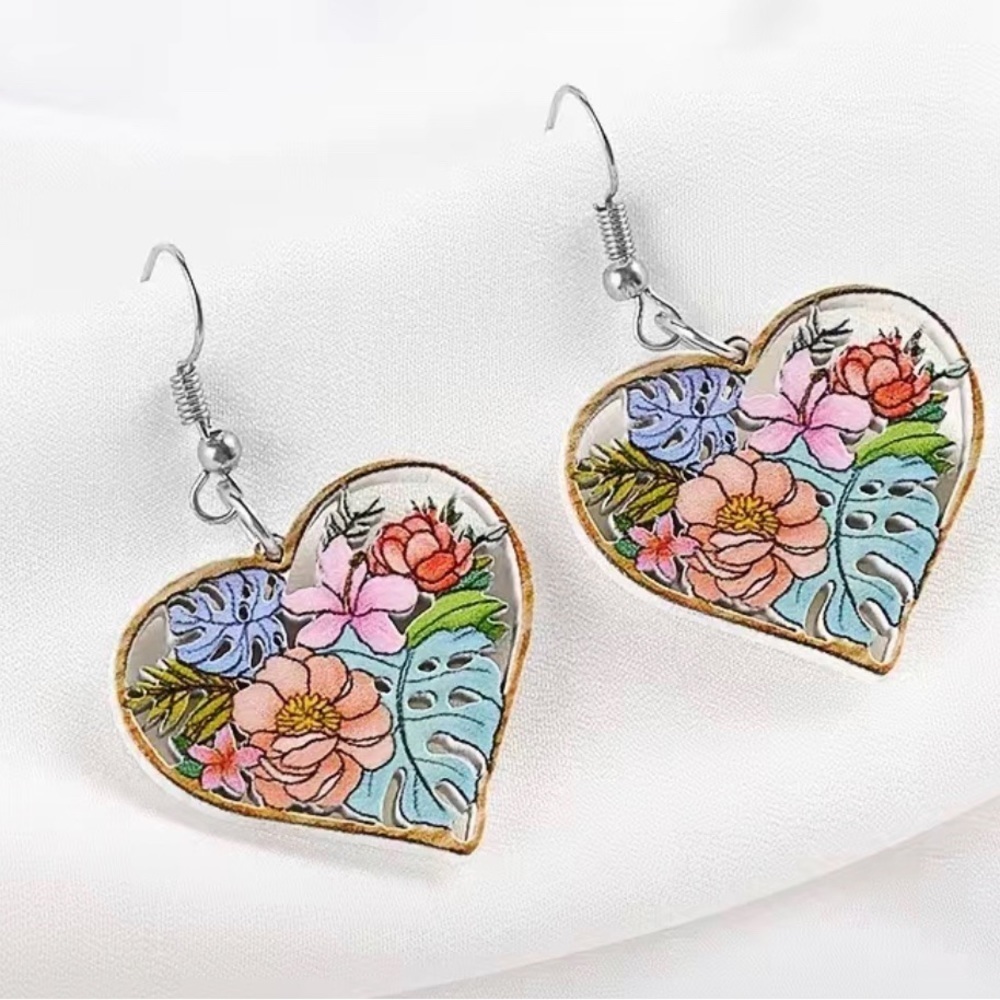 Floral Heart Dangle Earrings in Multicolor